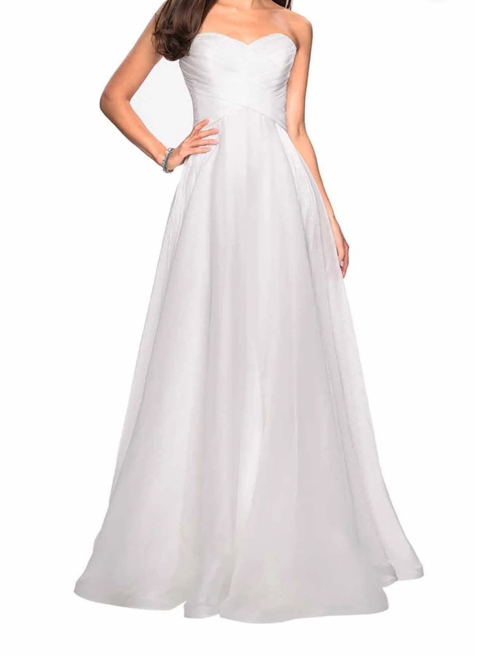 LA FEMME White V-Neck Organza Gown